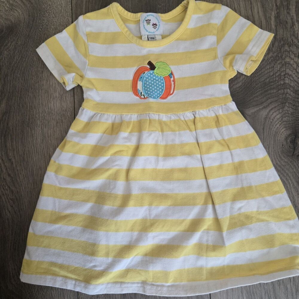 Smock Monkey Baby Girls Pumpkin Dress 12M Yellow Striped Halloween Fall Applique